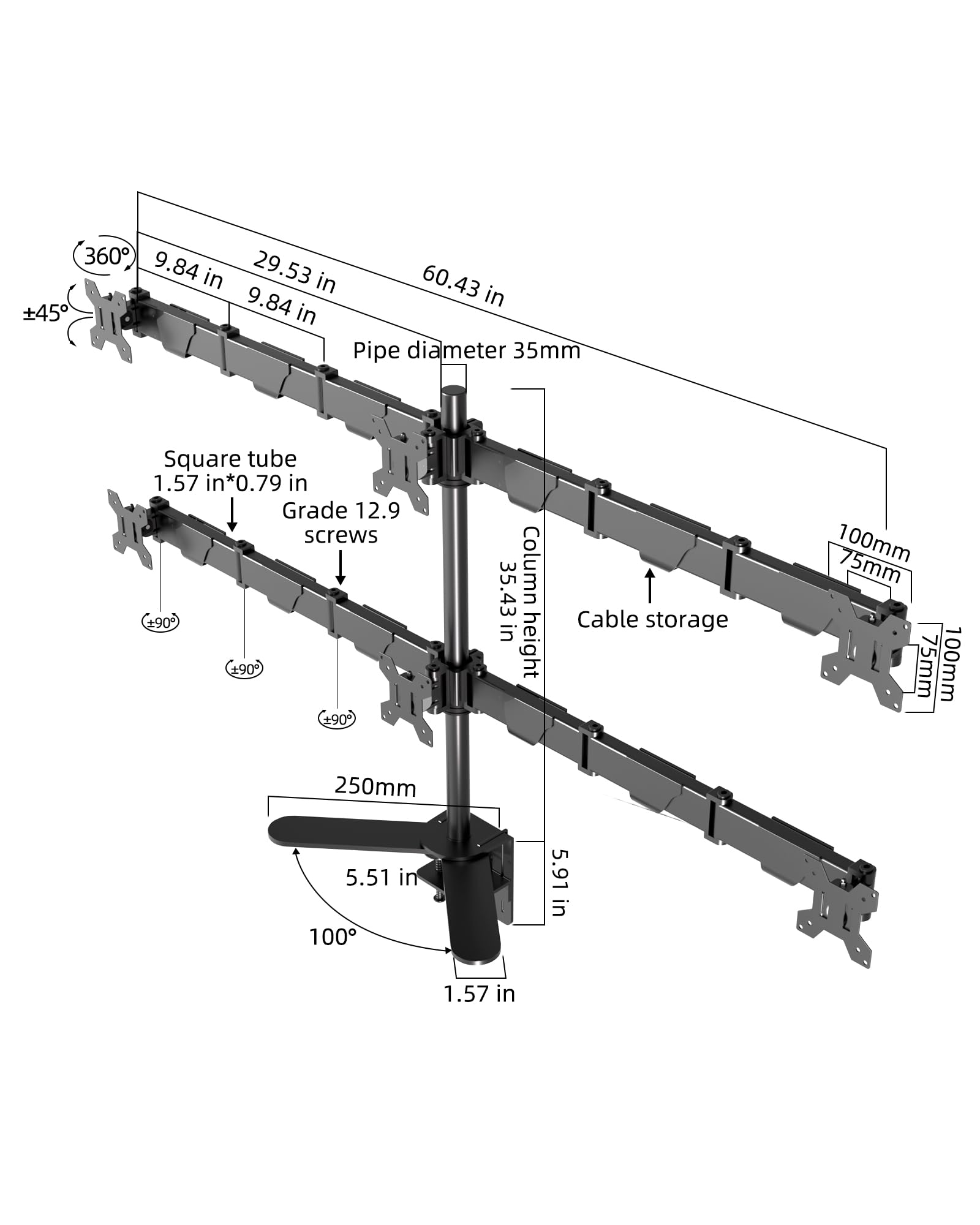 6-fach Monitorhalterung für 17–32 Zoll Monitore – Höhenverstellbarer Mehrfach-Monitorarm mit Tischklemme, Schwenkbar und Drehbar, VESA 75x75 / 100x100