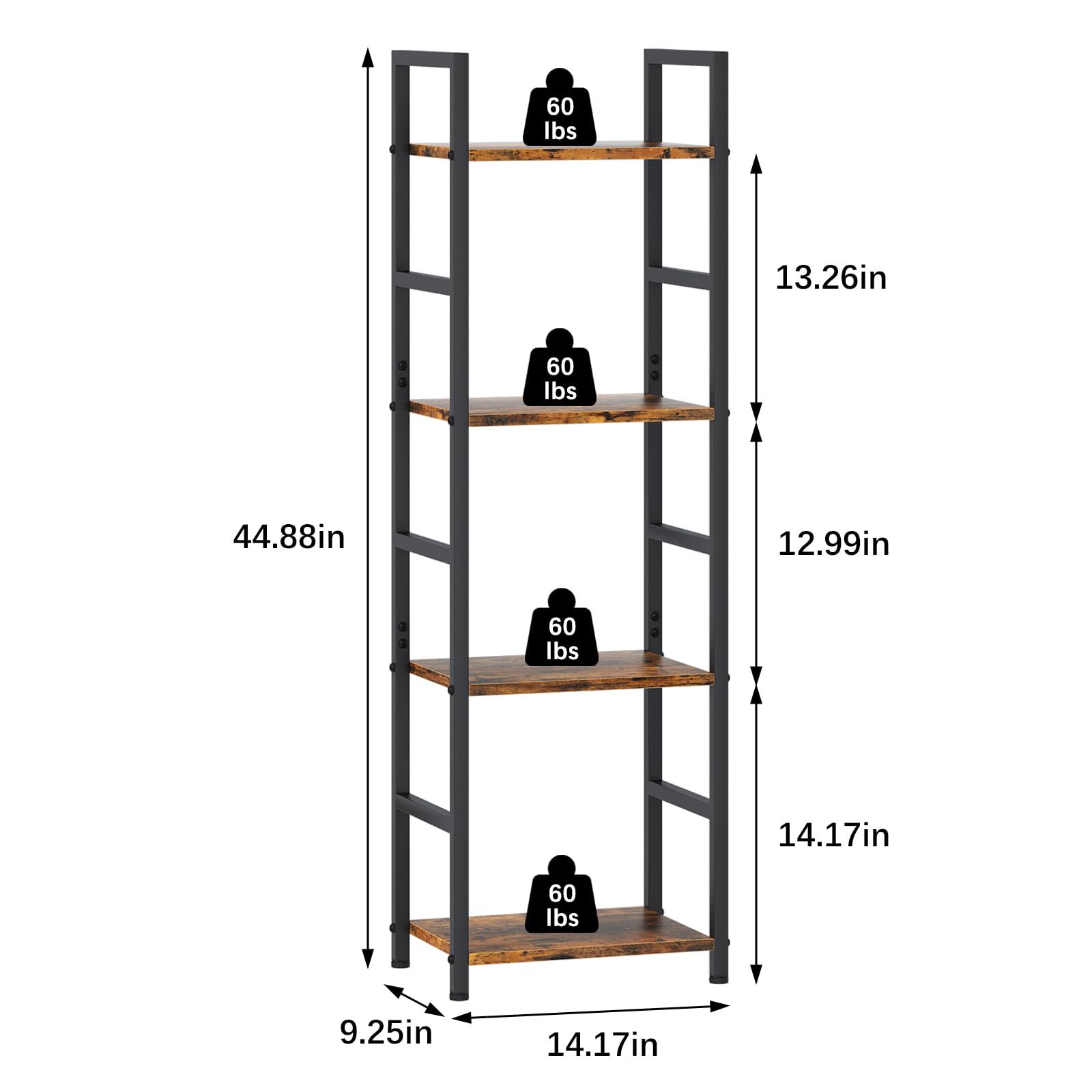 Schmales Bücherregal mit 4 Ebenen – Freistehendes Metallregal im Industrie-Stil, Kompaktes Standregal für Wohnzimmer, Schlafzimmer oder Büro