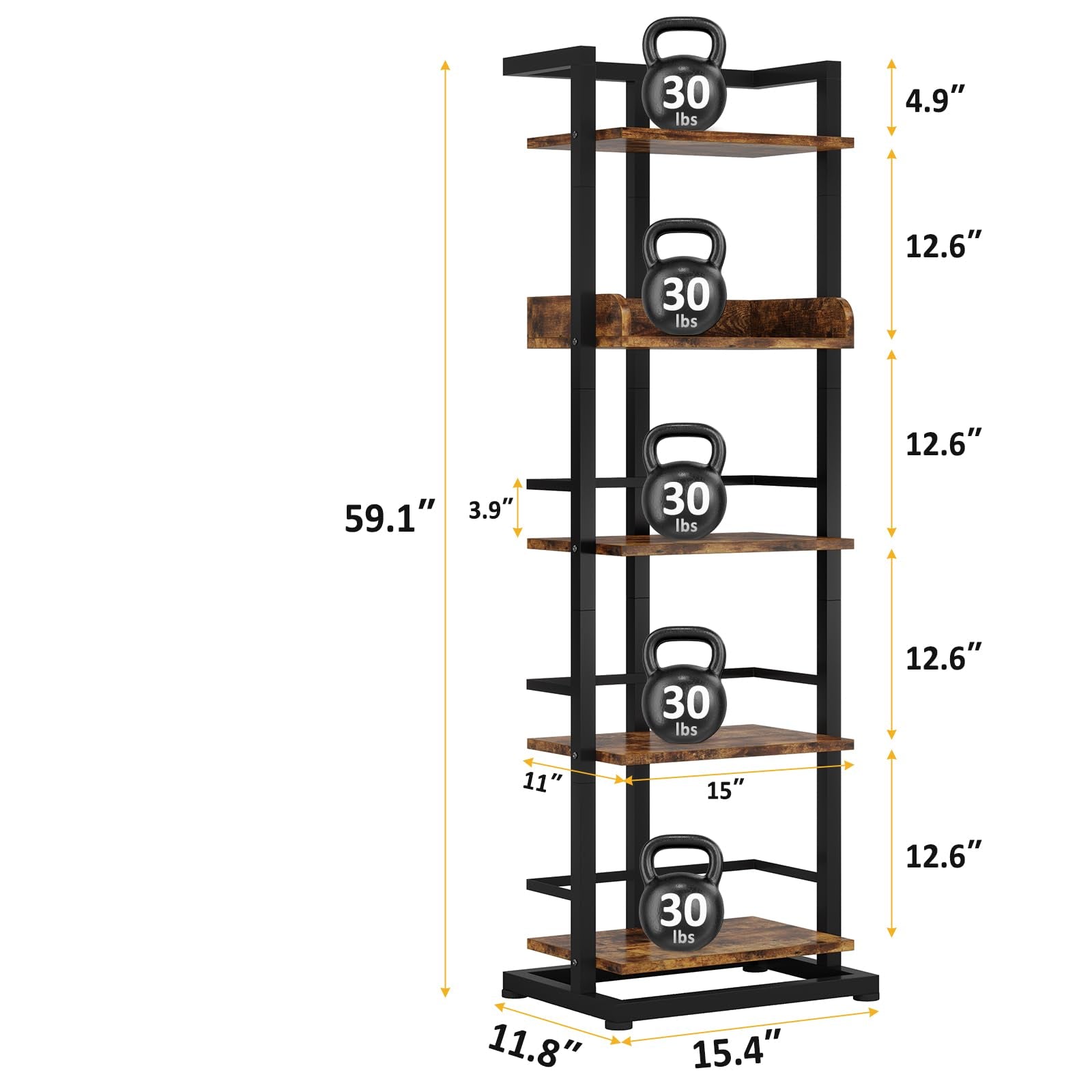 Schmales Bücherregal mit 5 Ebenen – Freistehendes Holzregal mit Metallrahmen und Kantenschutz, Platzsparendes Standregal für Wohnzimmer, Schlafzimmer oder Büro