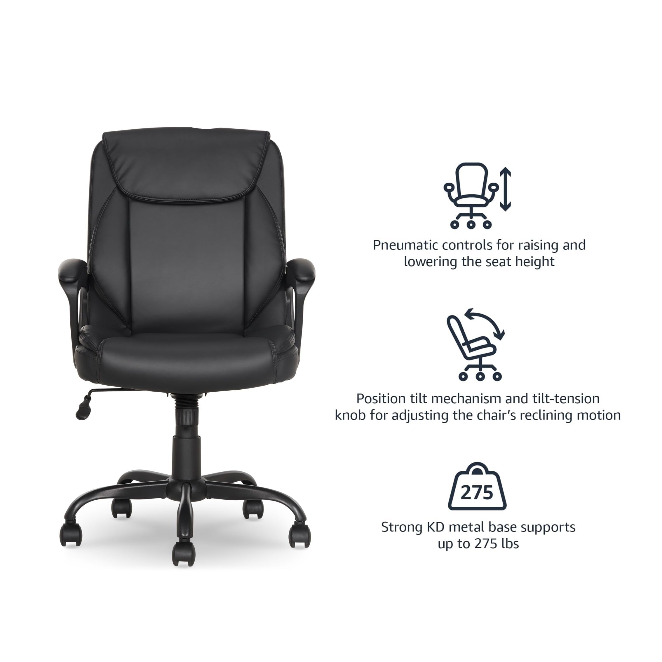 Bürostuhl mit mittlerer Rückenlehne – Gepolsterter PU-Drehstuhl mit Armlehnen, Höhenverstellbar, Rollen, Stabile Metallbasis, Schwarz