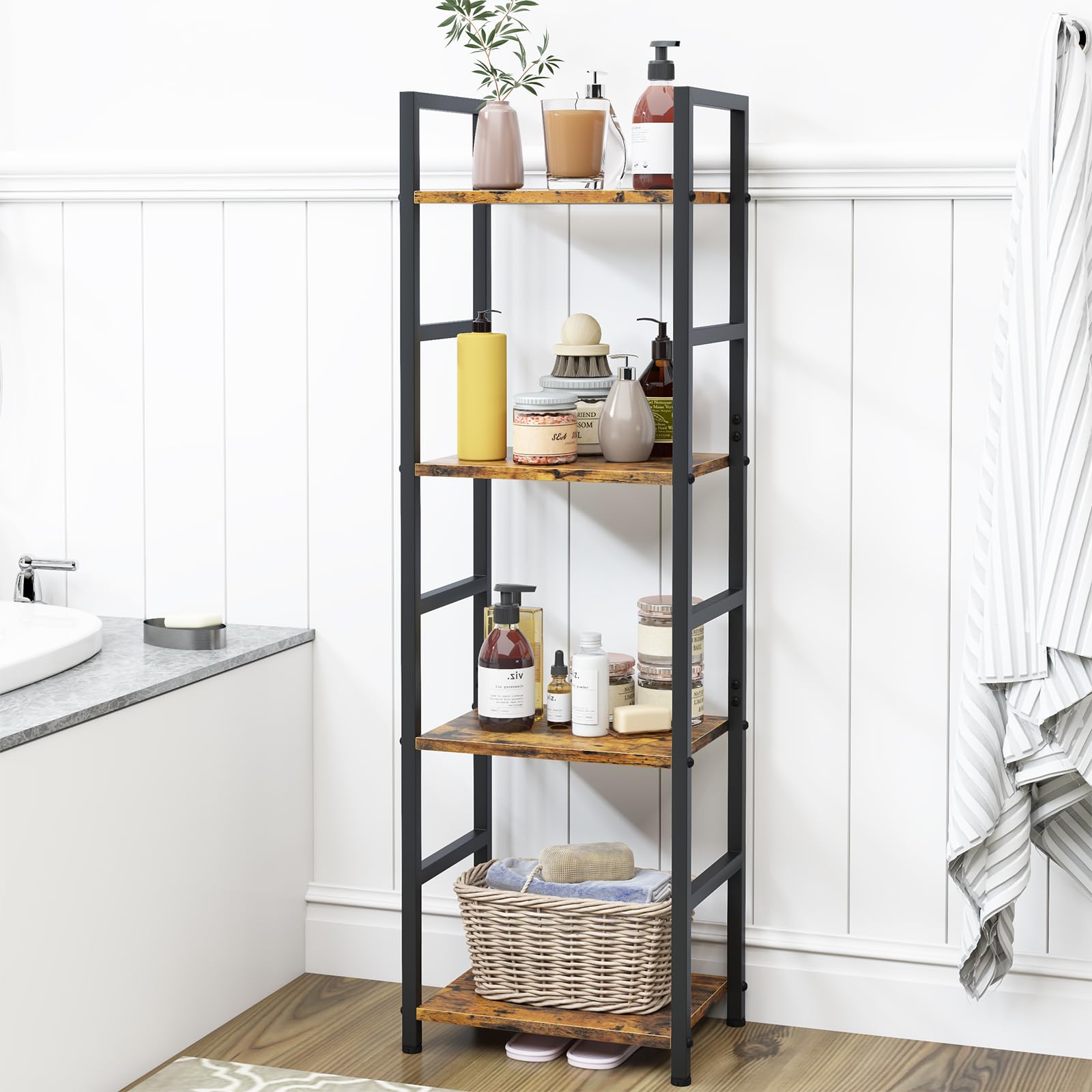 Schmales Bücherregal mit 4 Ebenen – Freistehendes Metallregal im Industrie-Stil, Kompaktes Standregal für Wohnzimmer, Schlafzimmer oder Büro