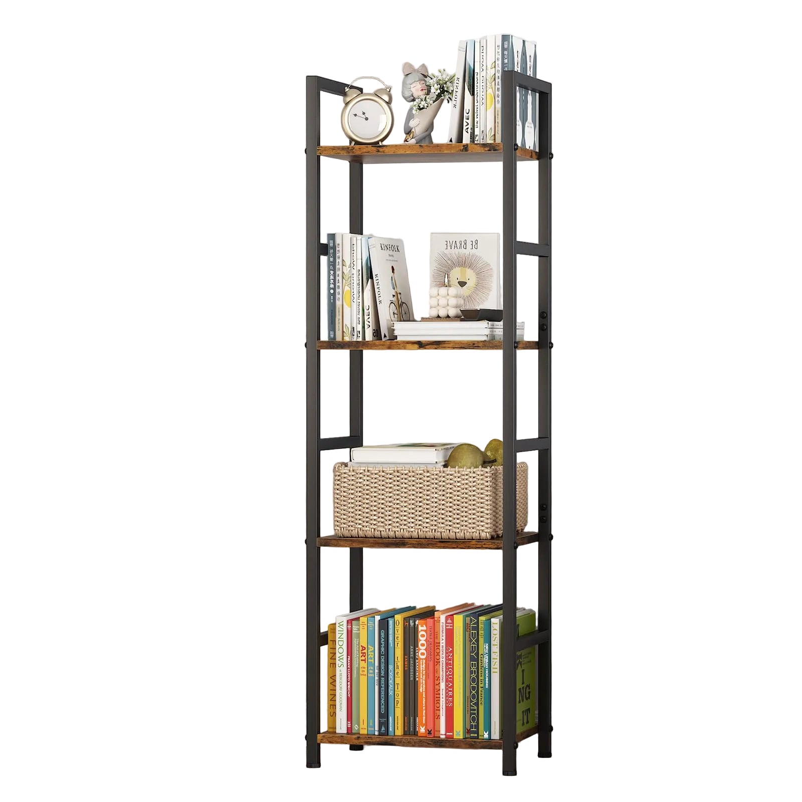Schmales Bücherregal mit 4 Ebenen – Freistehendes Metallregal im Industrie-Stil, Kompaktes Standregal für Wohnzimmer, Schlafzimmer oder Büro
