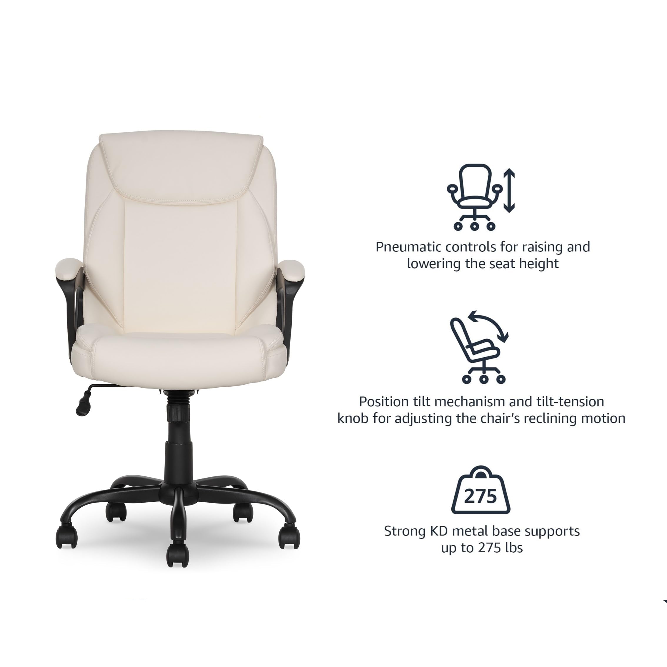 Bürostuhl mit mittlerer Rückenlehne – Höhenverstellbarer PU gepolsterter Stuhl mit Armlehnen, Drehstuhl für Büro und Homeoffice, Creme