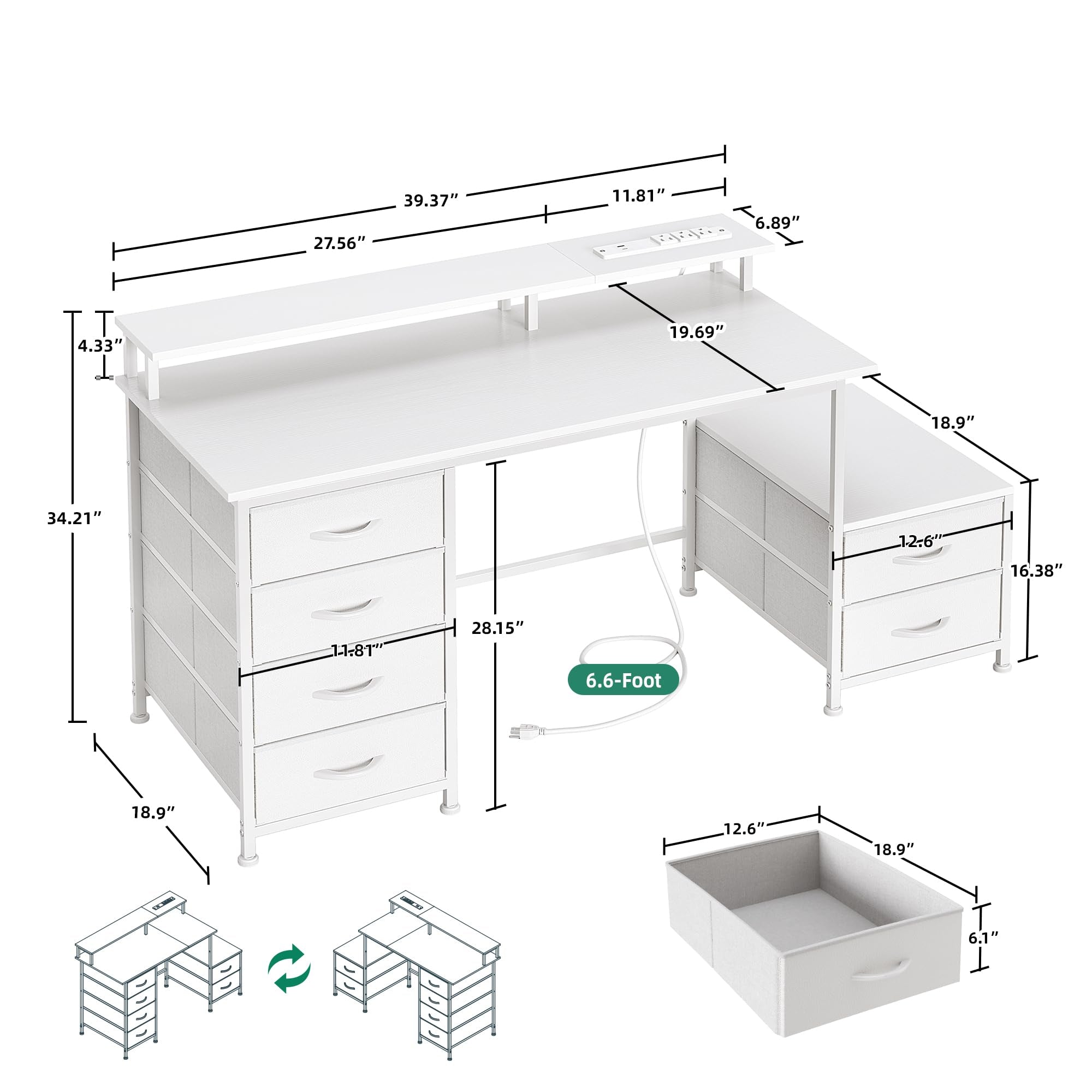 52 Zoll Schreibtisch mit 6 Schubladen – Reversibler Computer-Desk mit Monitorständer, Druckerfach und integrierten Steckdosen, Homeoffice Tisch, Weiß