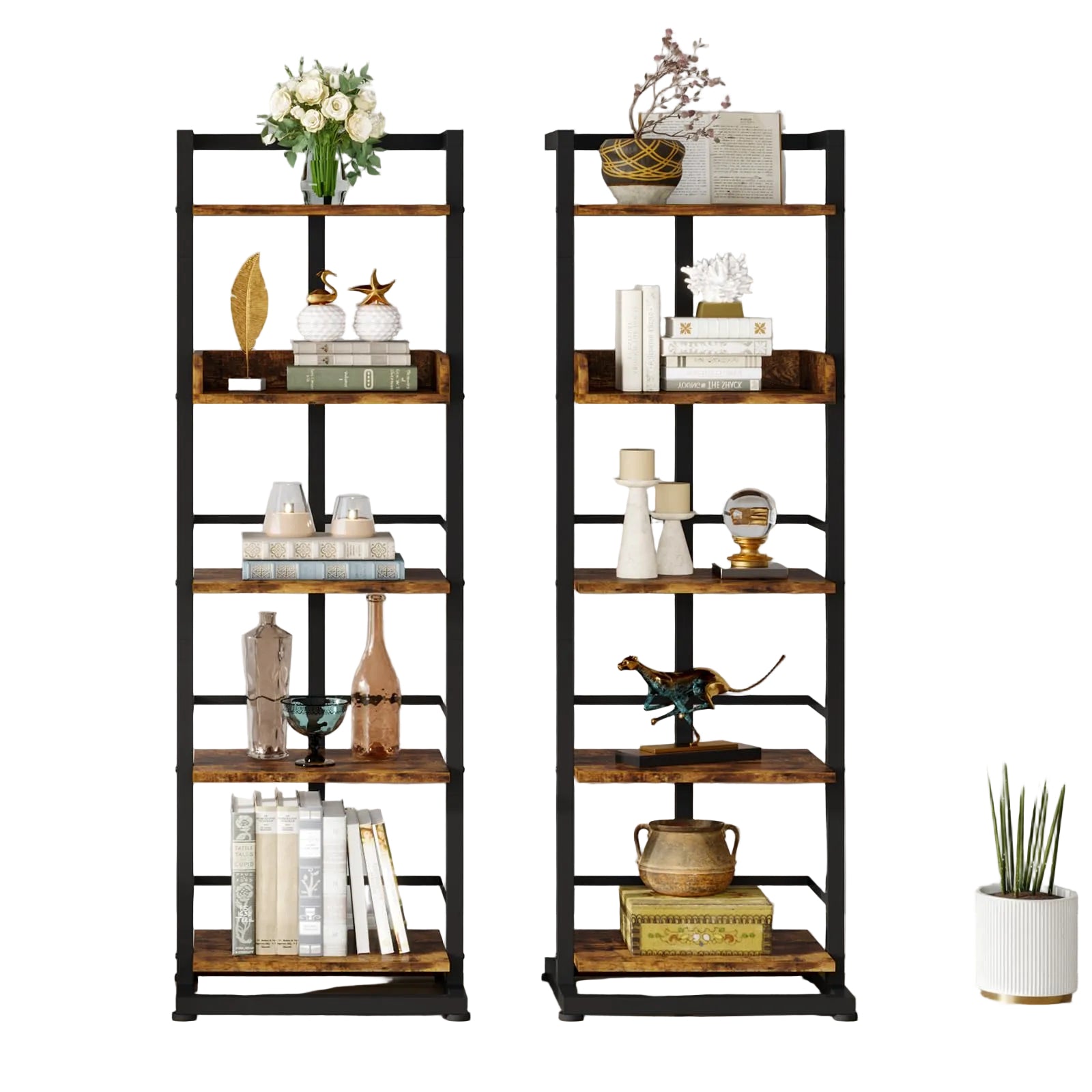 Schmales Bücherregal mit 5 Ebenen – Freistehendes Holzregal mit Metallrahmen und Kantenschutz, Platzsparendes Standregal für Wohnzimmer, Schlafzimmer oder Büro