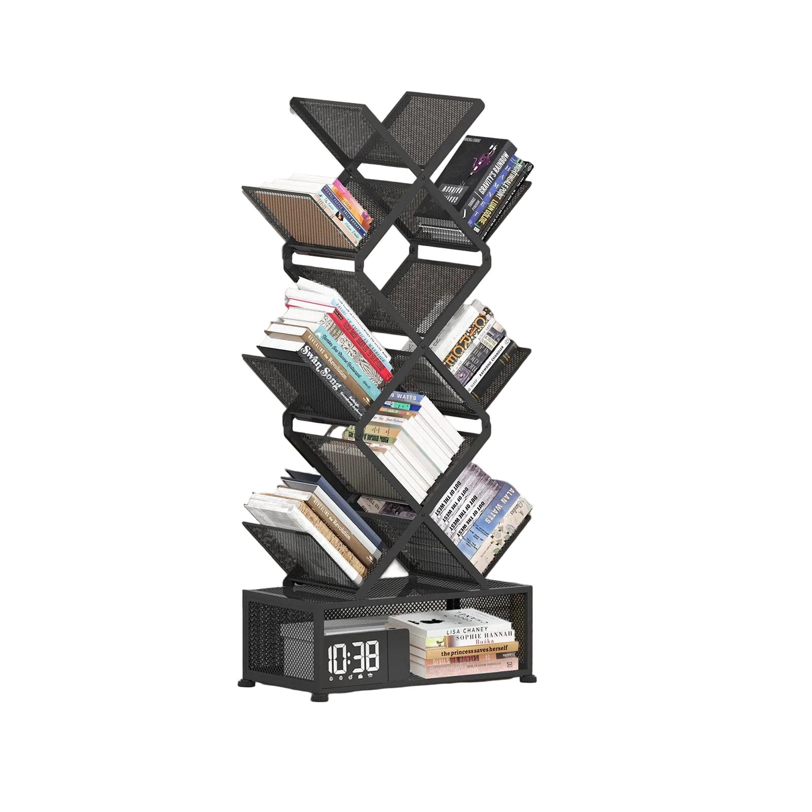 9-Ebenen Bücherregal mit Baum-Design – Raumsparendes Metallregal ohne Montage, Offenes Standregal für Wohnzimmer, Schlafzimmer oder Büro, Schwarz