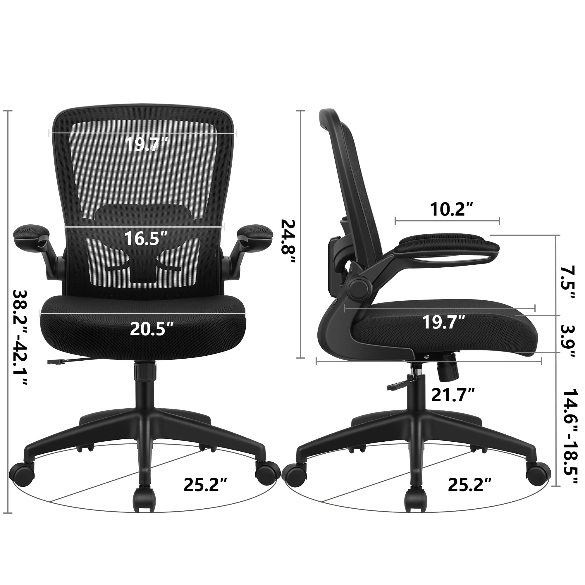 Ergonomischer Bürostuhl mit hoher Rückenlehne – Mesh-Bürostuhl mit verstellbarer Lordosenstütze, Klappbare Armlehnen, Drehstuhl für Homeoffice, Schwarz