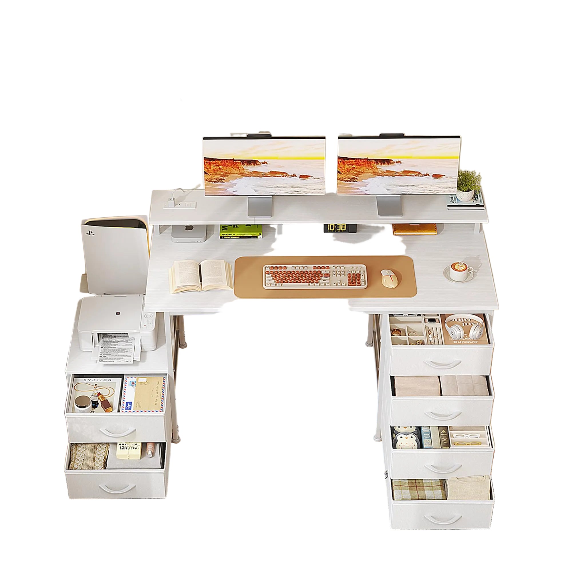 52 Zoll Schreibtisch mit 6 Schubladen – Reversibler Computer-Desk mit Monitorständer, Druckerfach und integrierten Steckdosen, Homeoffice Tisch, Weiß
