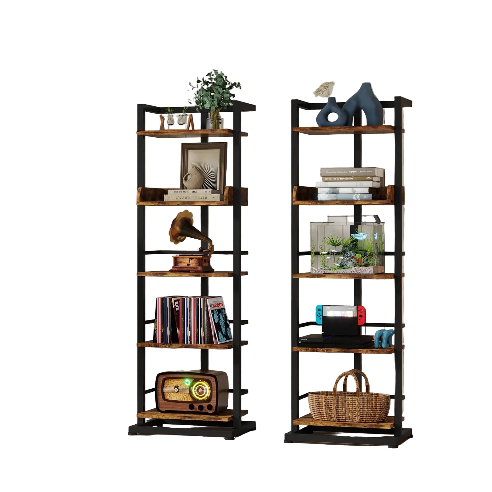 Schmales Bücherregal mit 5 Ebenen – Freistehendes Holzregal mit Metallrahmen und Kantenschutz, Platzsparendes Standregal für Wohnzimmer, Schlafzimmer oder Büro