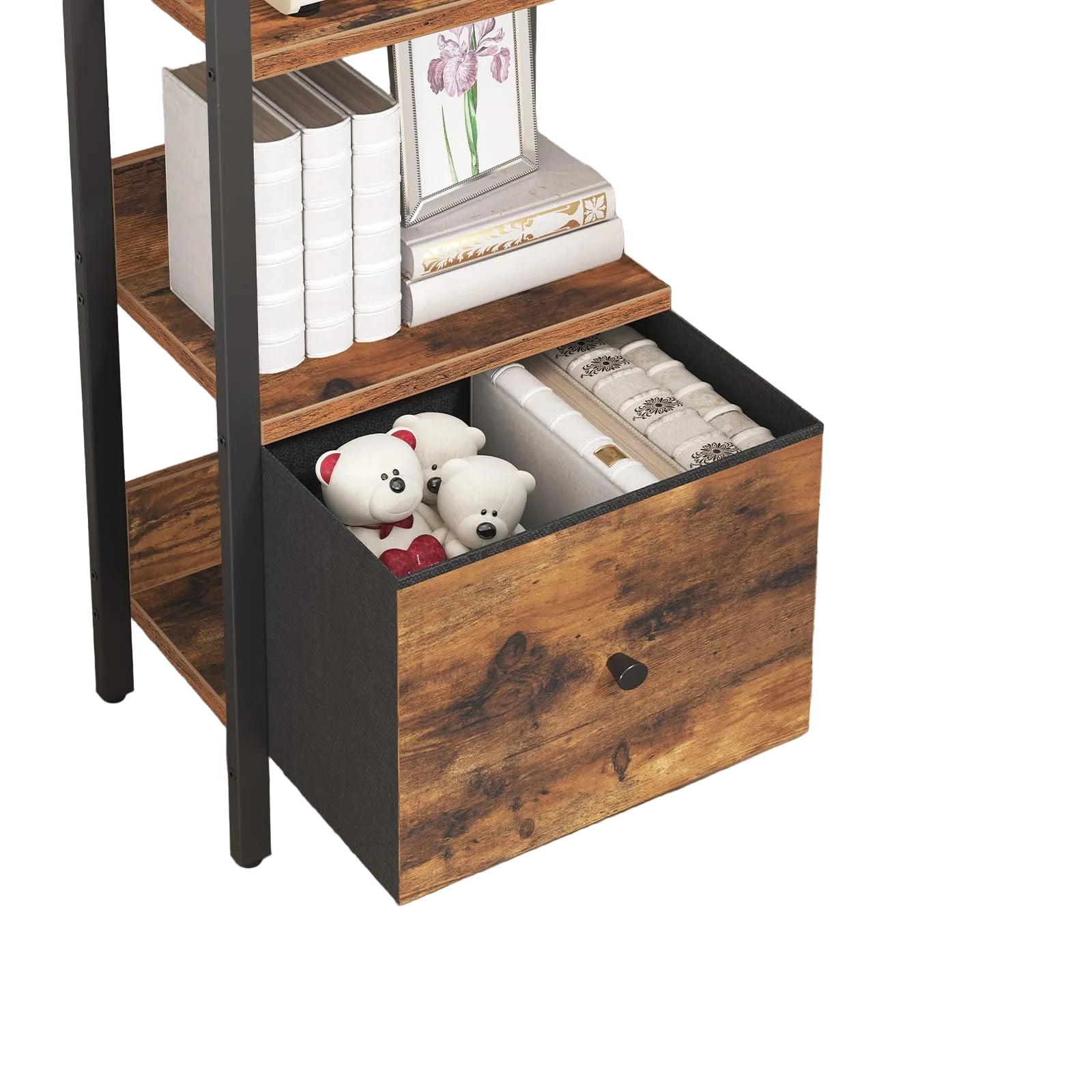 Schmales Bücherregal mit 5 Ebenen und Schublade – Freistehendes Standregal mit Metallrahmen, Platzsparendes Aufbewahrungsregal für Wohnzimmer, Schlafzimmer oder Büro